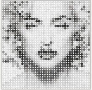 Grayscale pixelated portrait artwork composed of hundreds of circular dots forming the face of a woman, created by artist Richard Brandao in a limited signed edition of 150, evoking a modern digital reinterpretation of Madonna.