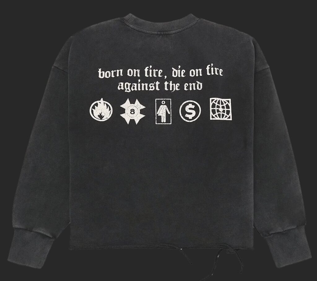 Back view of the When Smoke Clears W.S.C. Crew Sweater in black 14oz French terry, featuring gothic white text that reads “born on fire, die on fire, against the end” above five symbolic graphics printed across the upper back, with ribbed cuffs and a distressed hem.
