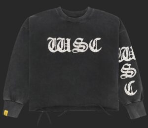 Front view of the When Smoke Clears W.S.C. Crew Sweater in black 14oz French terry, featuring large rhinestone “WSC” lettering across the chest and down the right sleeve, ribbed cuffs, hidden side pockets, and a small yellow WSC tag on the left wrist.