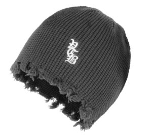 A dark charcoal ribbed beanie with distressed edges and white gothic Vertabrae embroidery reading “VLB.”