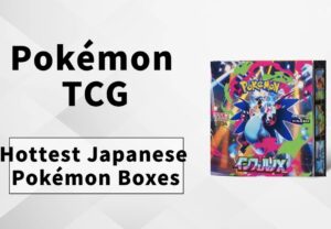 Japanese Pokémon TCG feature image showing a sealed booster box with dynamic artwork of Mega Gengar on the right and bold black text reading ‘Pokémon TCG – Hottest Japanese Pokémon Boxes’ on a white geometric background.