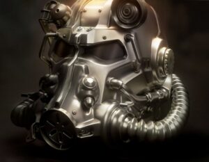 Close-up of the Fallout 4 Power Armor helmet rendered in metallic silver, illuminated by a soft amber light from above, highlighting its intricate tubes, filters, and visor details against a dark, smoky background.