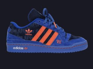 adidas Forum Low “All For Cincy” Blue Kit edition created by UNHEARDOF in collaboration with FC Cincinnati, featuring a deep royal-blue and navy nubuck upper, bright orange Three Stripes, embroidered “FC C” gothic lettering, and adidas Trefoil branding on a tonal blue midsole with orange stitching.