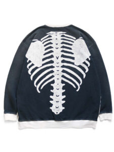 Back view of the KAPITAL Men’s Sweat Knit 2Tones Remake Big Sweatshirt in Ecru and Black, featuring a large white skeletal ribcage and spine graphic printed across the black cotton fabric, with contrasting ecru cuffs and hem.