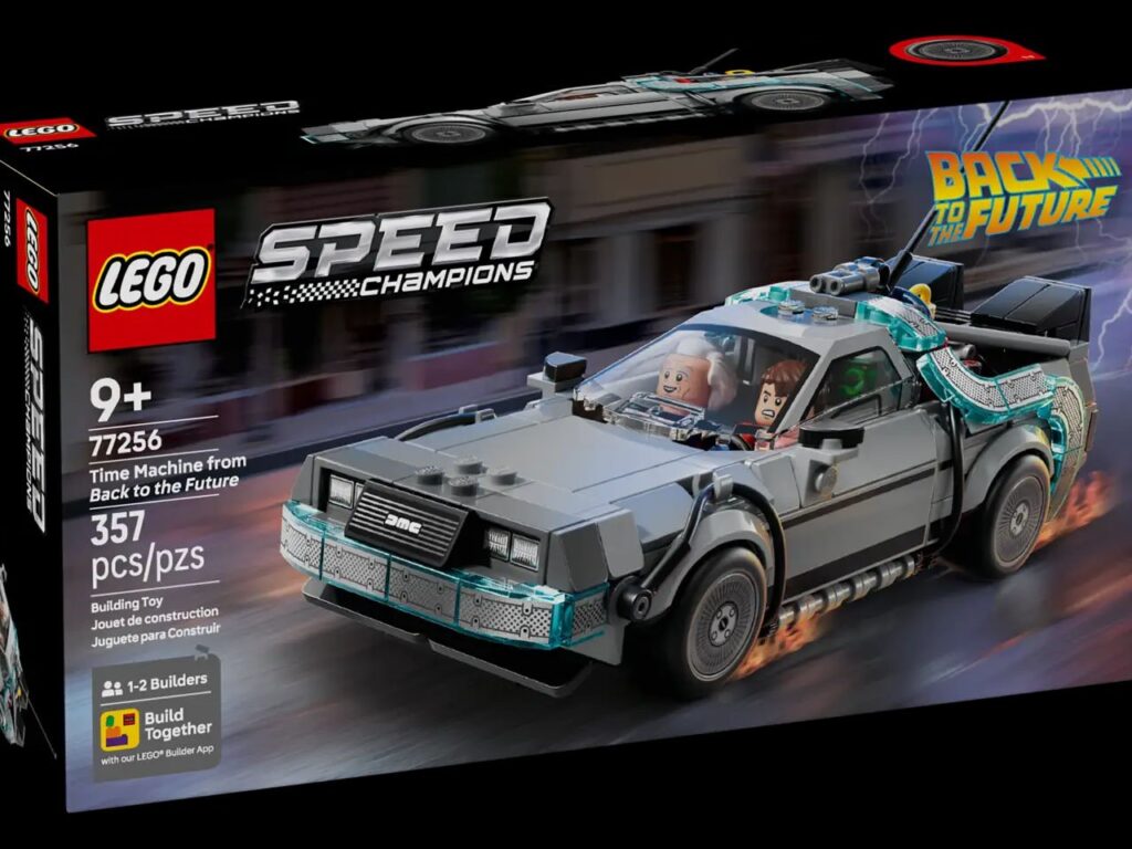 Box packaging of the LEGO Speed Champions “Back to the Future Time Machine” set (357 pieces), featuring the DeLorean model with Marty McFly and Doc Brown minifigures on the front, lightning effects, and the classic Back to the Future logo.