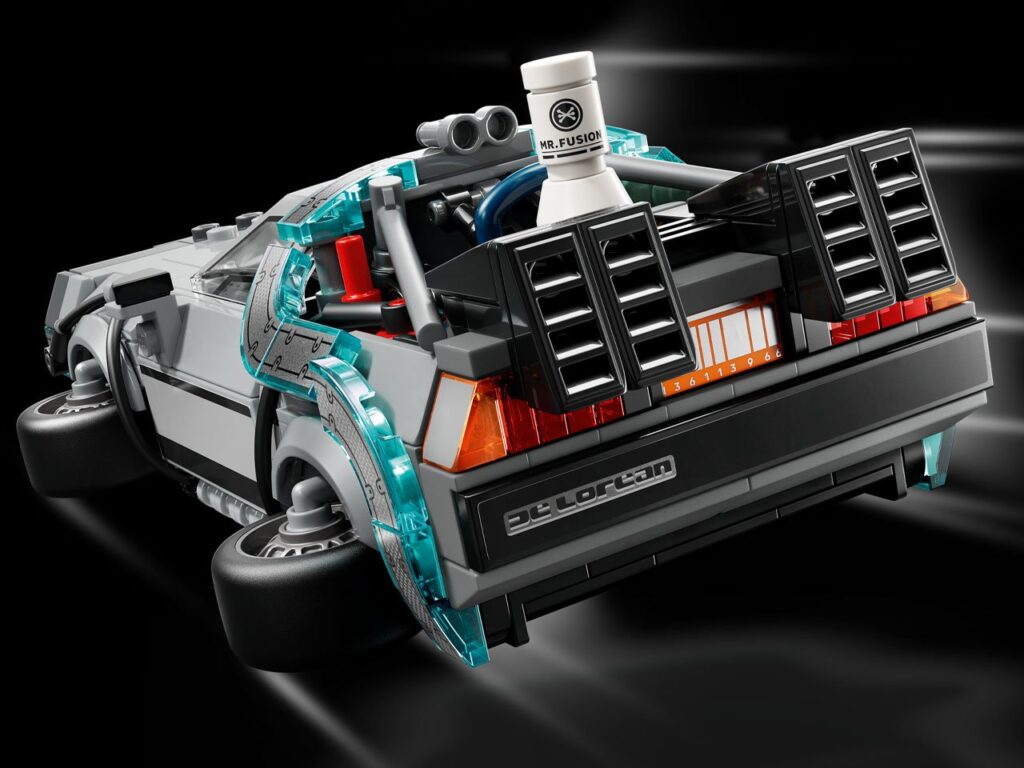 Rear close-up of the LEGO Back to the Future DeLorean Time Machine model showing the “Mr. Fusion” reactor, tail lights, and iconic vents, highlighting the intricate detailing and hover-mode wheels inspired by the film’s futuristic design.