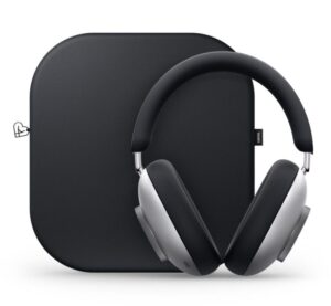 Loewe Leo headphones in black with matching leather carrying case, showcasing minimalist German craftsmanship and luxury audio design.