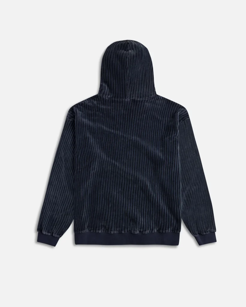 Back view of the KROST Magma Velour Hoodie in deep navy ribbed velour, showing its seamless hood, clean vertical texture, and minimalist design without visible branding.