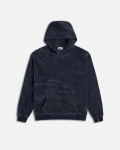 Front view of the KROST Magma Velour Hoodie in deep navy ribbed velour, featuring a minimalist silhouette with a kangaroo pocket, ribbed cuffs, and hem.
