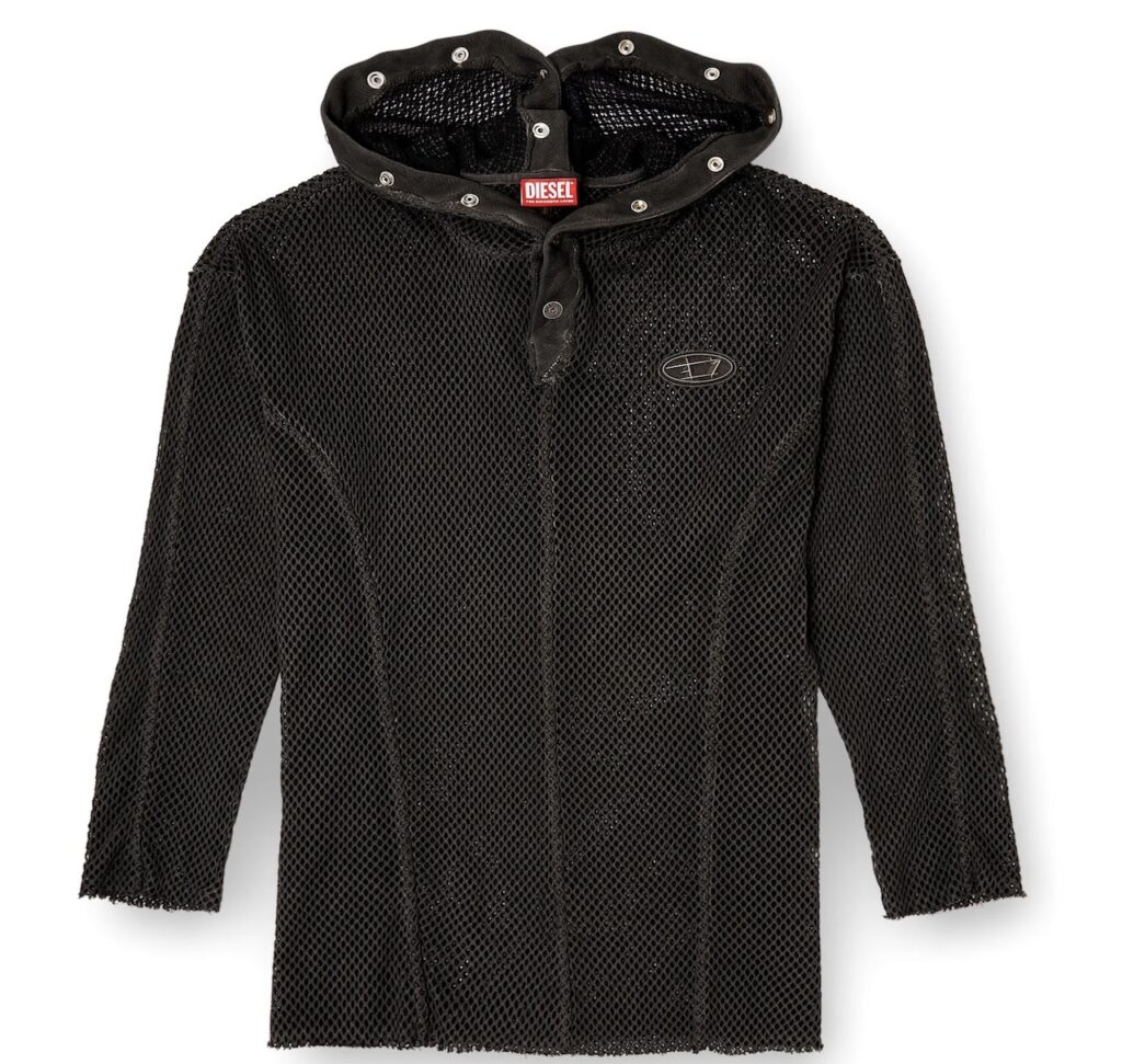 Black Diesel x Thug Club fishnet hoodie featuring a full-closure snap hood and mesh construction, blending Diesel’s heritage with Seoul streetwear futurism.