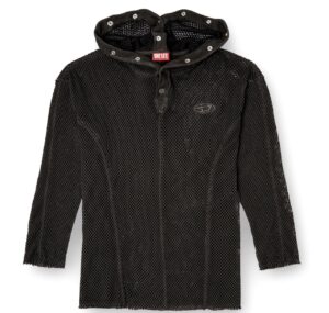 Black Diesel x Thug Club fishnet hoodie featuring a full-closure snap hood and mesh construction, blending Diesel’s heritage with Seoul streetwear futurism.