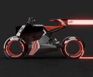 A futuristic DAB Motors electric concept motorcycle from the Thursday Experiment series, featuring glowing red neon light trails, hollow wheels, aerodynamic panels, and a sleek black-and-red body inspired by Tron aesthetics.