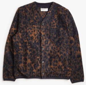 Universal Works Cardigan in Night Leopard Dark Navy/Brown from the AW25 collection, featuring a textured wool-blend fabric with a subtle leopard pattern, button-front closure, and patch pockets — a refined take on modern British workwear design.