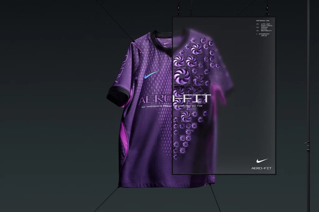 Nike Aero-FIT performance football jersey in deep purple, displayed suspended against a dark gradient background with an overlay showing airflow-inspired spiral graphics and the text “Air conditioning through extraordinary air flow,” highlighting the fabric’s ventilation and design technology.