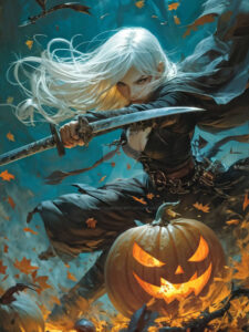 A dynamic digital painting of a white-haired female ninja in a black cloak lunging with twin swords amid swirling autumn leaves. A glowing jack-o’-lantern burns in the foreground under a moody teal sky, creating a cinematic Halloween atmosphere.