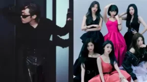 Split promotional image for “The Kick.” On the left, j-hope wears a black trench coat, leather pants, and dark sunglasses, posing in a dimly lit futuristic hallway with blue light panels. On the right, the five members of LE SSERAFIM — Kim Chaewon, Sakura, Huh Yunjin, Kazuha, and Hong Eunchae — pose elegantly in coordinated pink and black dresses against a neutral background, blending sophistication with intensity to tease their upcoming collab single “SPAGHETTI.