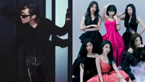 Split promotional image for “The Kick.” On the left, j-hope wears a black trench coat, leather pants, and dark sunglasses, posing in a dimly lit futuristic hallway with blue light panels. On the right, the five members of LE SSERAFIM — Kim Chaewon, Sakura, Huh Yunjin, Kazuha, and Hong Eunchae — pose elegantly in coordinated pink and black dresses against a neutral background, blending sophistication with intensity to tease their upcoming collab single “SPAGHETTI.