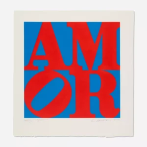 A 1994 screenprint by Robert Indiana featuring the bold red letters “AMOR,” with the top row reading “AM” and the bottom row “OR,” set against a vivid blue background. The “O” is tilted diagonally, adding movement to the otherwise geometric design, reflecting Indiana’s iconic Pop Art style and his message of universal love.
