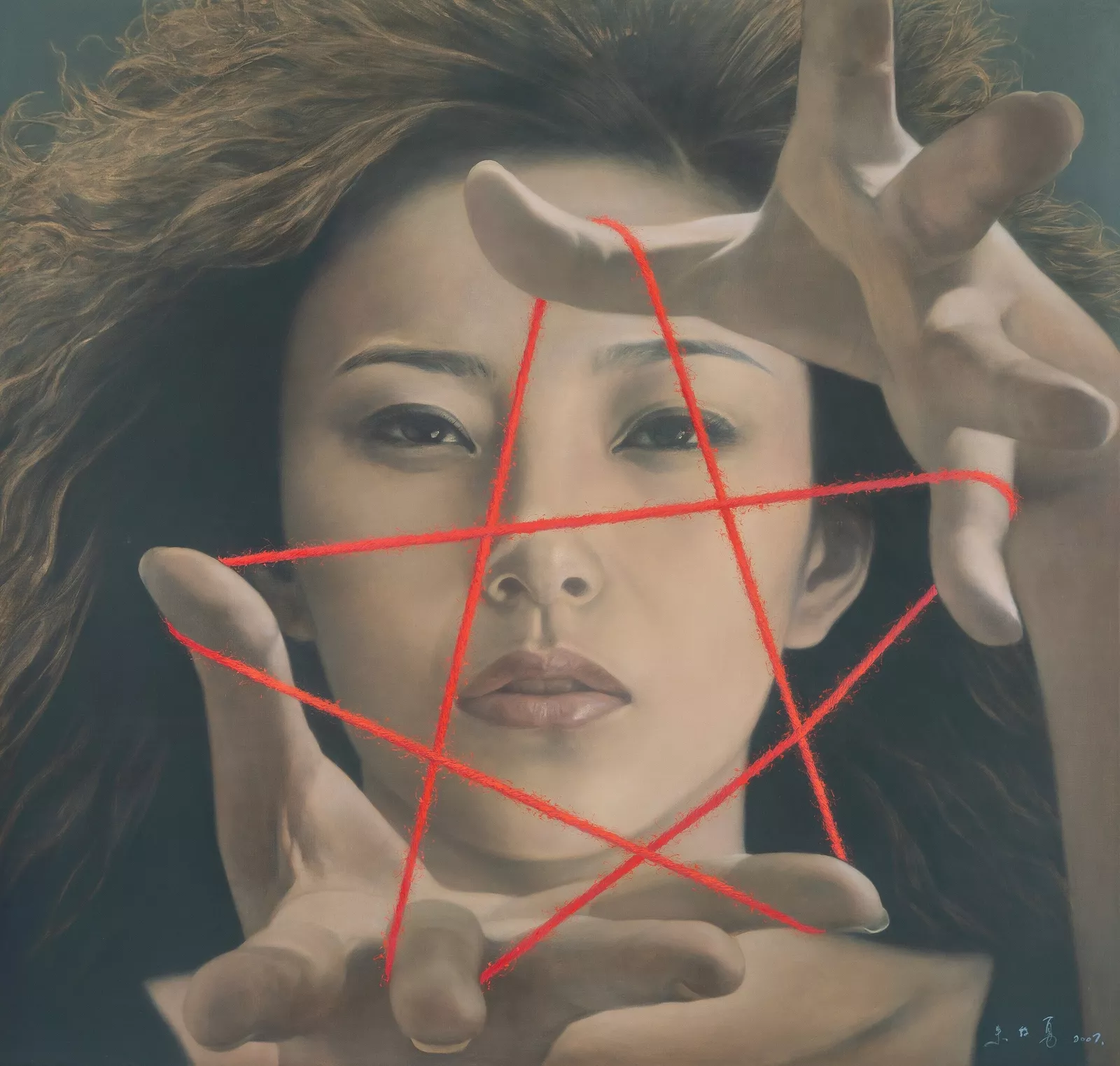 Realist oil painting by Zhu Yiyong titled Memory of the Past Series No. 24 (2007), showing a woman’s face framed by her outstretched hands, overlaid with a vivid red pentagram drawn across her features, symbolizing memory, identity, and ideological constraint.