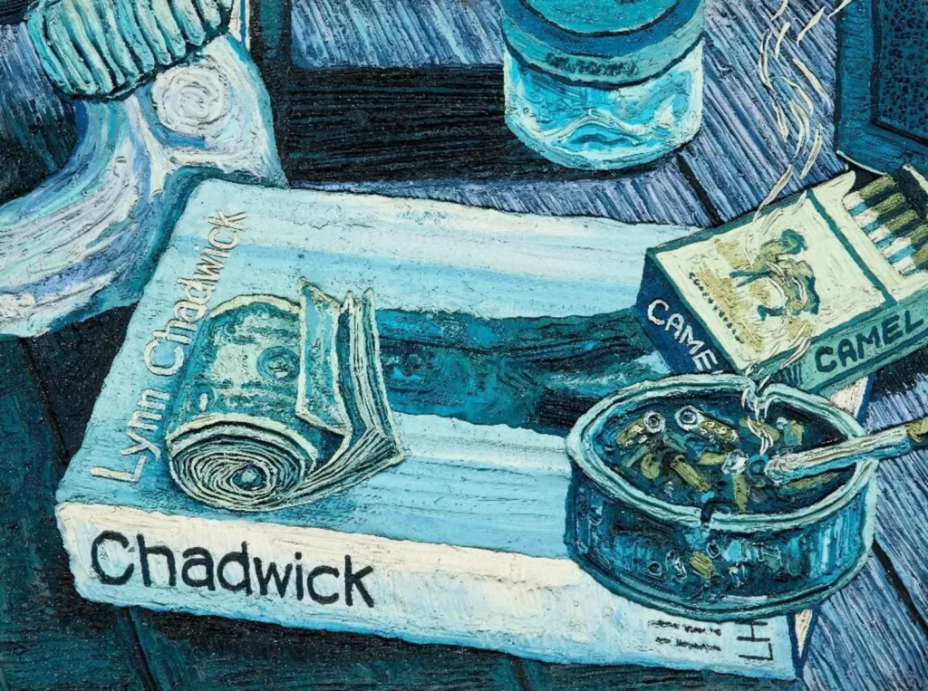 Close-up of Henry Hudson’s plasticine artwork Untitled (Chadwick), showing everyday objects—cigarettes, rolled bills, glass, and art book—rendered in layered blue hues.