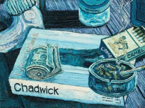 Close-up of Henry Hudson’s plasticine artwork Untitled (Chadwick), showing everyday objects—cigarettes, rolled bills, glass, and art book—rendered in layered blue hues.
