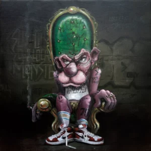 Luciano Sanchez, Street Lords 'Pink Panther' (2025). A gritty reinterpretation of the Pink Panther seated on a green graffiti-tagged throne, depicted with muscular build, tattoos, smoking a cigarette, and wearing red-and-white Nike sneakers. The background is a dark urban wall marked with graffiti and the word 'OBEY'.