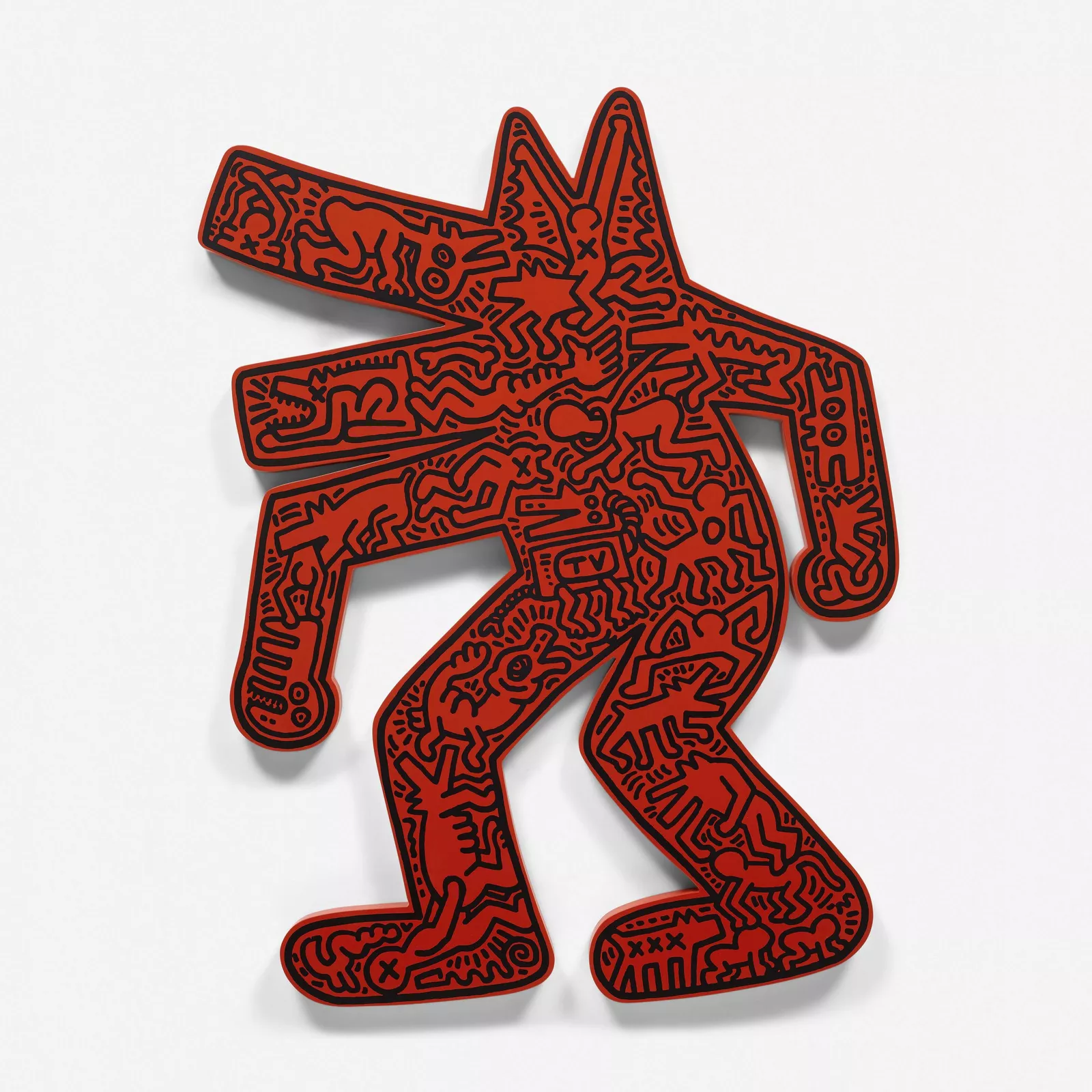 Keith Haring’s Dog (1986), screenprint in black on red enamel-painted and shaped plywood, depicting a barking dog silhouette representing protest and energy in 1980s New York.