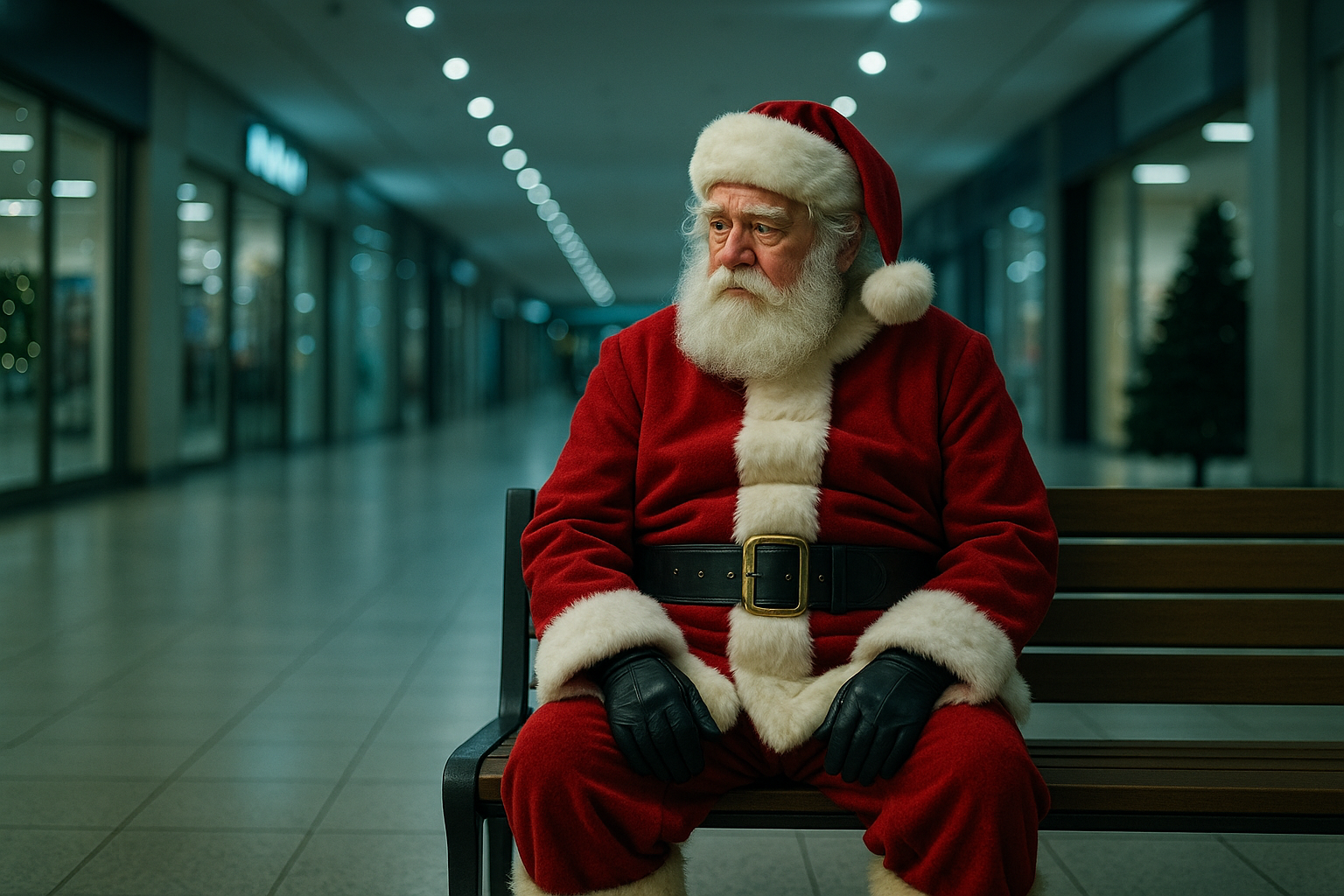 a mall santa waits alone in a quiet shopping mall — a poignant reflection of the 2025 holiday job market slowdown and the shrinking world of seasonal retail work.