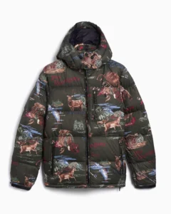 Studio photo of the Polo Ralph Lauren Gorham Sportsman Ripstop Graphic Men’s Down Jacket in navy blue. The jacket features a matte ripstop nylon shell, down-filled quilting, and bold Polo Sportsman graphics printed across the back and sleeves. Shown against a plain white background, highlighting its rugged construction and vintage outdoor-inspired design.