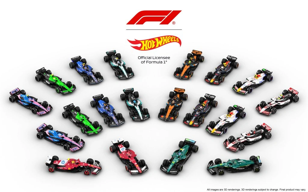 Overhead view of the complete 2025 Formula 1 grid recreated in 1:64 scale by Hot Wheels, featuring ten officially licensed team cars arranged diagonally on a white surface. The miniature lineup includes the vibrant red Ferrari HP, green Aston Martin Aramco, orange McLaren, navy and yellow Red Bull, silver Mercedes, blue Williams, pink Alpine, white Haas, and other team liveries. The F1 and Hot Wheels logos appear above, marking the collection’s status as the official licensed Formula 1 die-cast series.