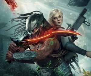 Promotional still from Predator: Badlands (2025) showing a masked Yautja warrior wielding a glowing red blade beside a human-like android ally holding a rifle, set in a dense misty alien jungle.