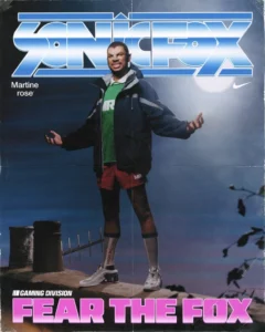 Promotional image from the Nike × Martine Rose Sport collection featuring gamer and esports icon SonicFox. They stand on a rooftop under a night sky, wearing a layered athletic look including a green “MR” jersey, red shorts, and a navy parka with white Nike × Martine Rose sneakers. The poster’s retro-style typography reads “SONICFOX” and “FEAR THE FOX,” evoking vintage sports-magazine aesthetics that blend gaming culture with athletic heroism.