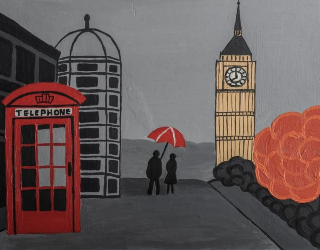 Painting titled London Streets by Georgian artist Arina Iastrebova, depicting a stylized London cityscape with a red telephone booth on the left, Big Ben in the background, and two silhouetted figures standing under a red umbrella. An orange tree adds warmth to the otherwise grey palette, evoking a sense of quiet nostalgia and urban romance.