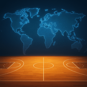 Digital illustration of a basketball court blending into a glowing world map, symbolizing the NBA’s international expansion and global influence.