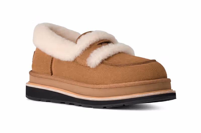 UGG × sacai Autumn/Winter 2025 footwear lineup showcasing the thigh-high boot, loafer, and hiker boot in chestnut and black suede, highlighting the collaboration’s fusion of haute craftsmanship and utilitarian comfort.