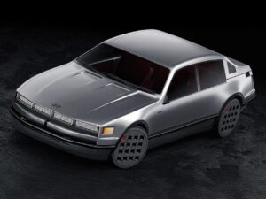 3D render of the Hyundai Second Star Project, a futuristic reinterpretation of the 1980s Stellar sedan. The car features a metallic silver body, pixelated LED front lighting, and matching grid-patterned wheels, blending retro proportions with modern digital design aesthetics.