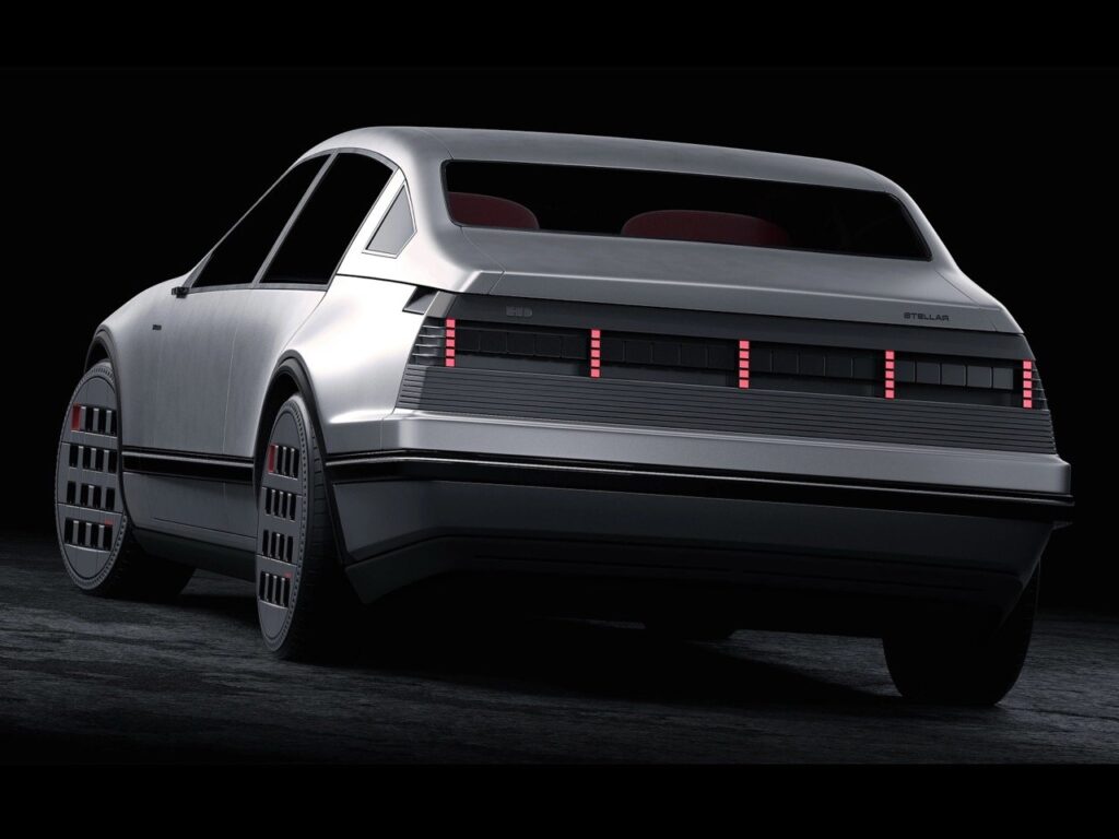Rear view of the Hyundai Second Star Project concept car, featuring pixelated red LED taillights running across the width of the vehicle, grid-patterned wheels, and a sleek metallic silver body that merges retro design cues with futuristic minimalism.