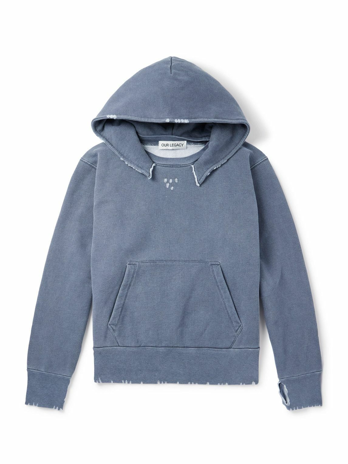 Front view of the Our Legacy Relic Hoodie in blue, featuring a pigment-dyed organic cotton fabric with visible distressing at the seams, raw-edge hood, kangaroo pocket, and ribbed hem—showcasing the brand’s minimalist Scandinavian craftsmanship.