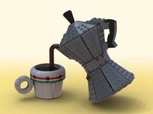 LEGO recreation of the iconic Bialetti Moka Pot pouring coffee into a matching LEGO espresso cup decorated with the Italian flag’s green, white, and red bands, set against a soft cream-to-yellow gradient background.