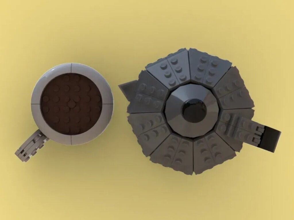 Top-down view of a LEGO-built Bialetti Moka Pot beside a LEGO espresso cup filled with brown coffee-like bricks, both showing circular and octagonal designs on a warm yellow background.