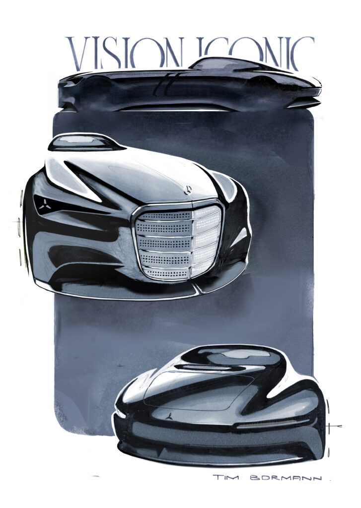 Illustrated concept art of the Mercedes-Benz Vision Iconic, showcasing multiple angles of the vehicle with a luminous Art Deco-inspired grille and sweeping aerodynamic lines. The composition, titled “VISION ICONIC” and signed by Tim Bormann, highlights the car’s sculptural elegance and futuristic interpretation of classic Mercedes design language.
