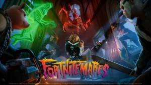 Official Fortnitemares 2025 promotional artwork showing Fortnite characters huddled in a haunted attic as classic horror icons and Scooby-Doo appear around them under eerie red and green lighting, with the colorful “Fortnitemares” logo across the bottom.