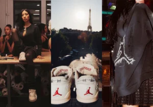 Campaign collage for Téla D’Amore x Jordan Flight Court ‘The World Is Your Court’ (2025). Left: Téla D’Amore seated on a table wearing Jordan sneakers, surrounded by models. Center: white Jordan shoes with red Jumpman logos and ‘The World Is Your Court’ text inside the tongues, photographed against the Eiffel Tower skyline. Right: model wearing oversized black hoodie featuring stitched Eiffel Tower graphic