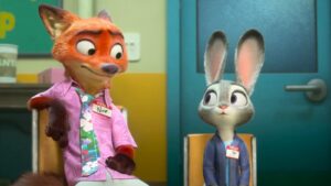 Nick Wilde and Judy Hopps sit side by side in a brightly lit room from Disney’s Zootopia. Nick, a fox in a pink Hawaiian shirt and green tie, glances sideways at Judy, a grey rabbit wearing a blue police uniform. Both wear “Hello, my name is” badges, suggesting a humorous or awkward moment between partners.