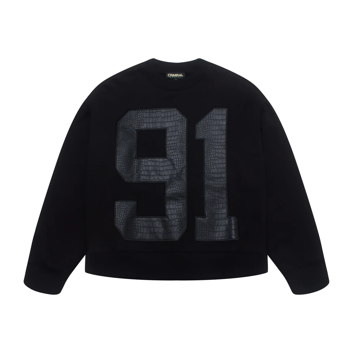 Front view of the black Criminal Damage “Animal 91” Sweatshirt featuring an oversized embossed 91 graphic with a faux-animal textured finish across the chest