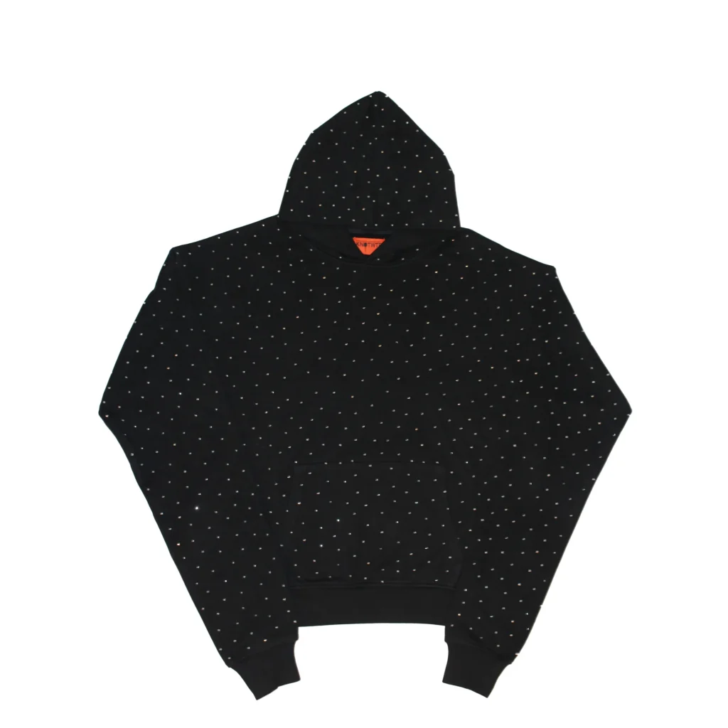 Front view of the black KNOTWTR Rhinestone Hoodie featuring an all-over rhinestone pattern and a kangaroo pocket