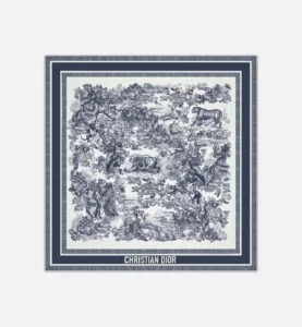 Dior Toile de Jouy Sauvage 90 Square Scarf in ivory and navy blue, featuring detailed wildlife illustrations framed by layered navy borders and the Christian Dior logo