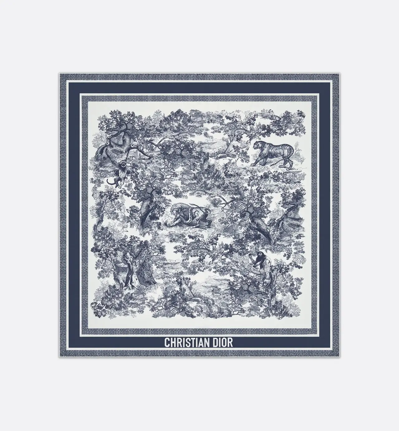 Dior Toile de Jouy Sauvage 90 Square Scarf in ivory and navy blue, featuring detailed wildlife illustrations framed by layered navy borders and the Christian Dior logo