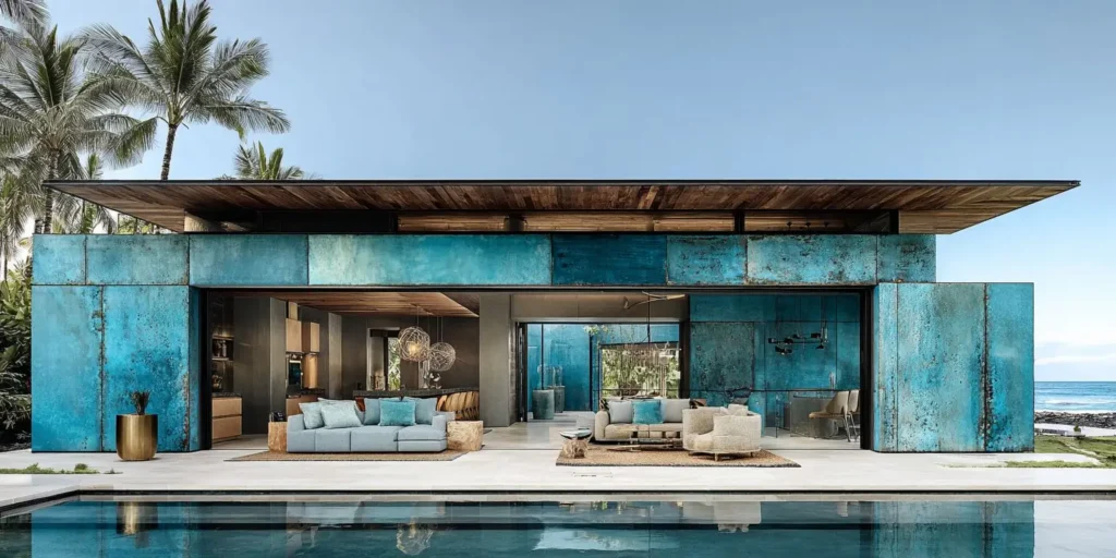 Exterior view of Indigo Hale, a tropical modern home featuring oxidized blue recycled-denim panels, open living areas facing the ocean, brass and wood detailing, and an infinity-edge pool reflecting the structure’s serene “Blue & Brass” aesthetic