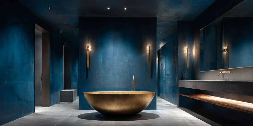Luxurious bathroom with deep indigo blue plaster walls, a large brushed brass freestanding bathtub at the center, minimalist brass wall sconces, and a sleek floating wooden vanity — showcasing the Blue & Brass aesthetic of the Indigo Hale concept